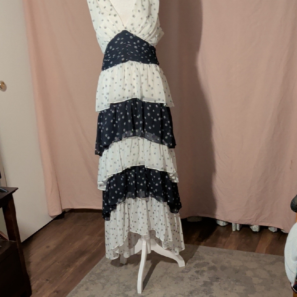 Elegant Navy and White Tiered Maxi Dress